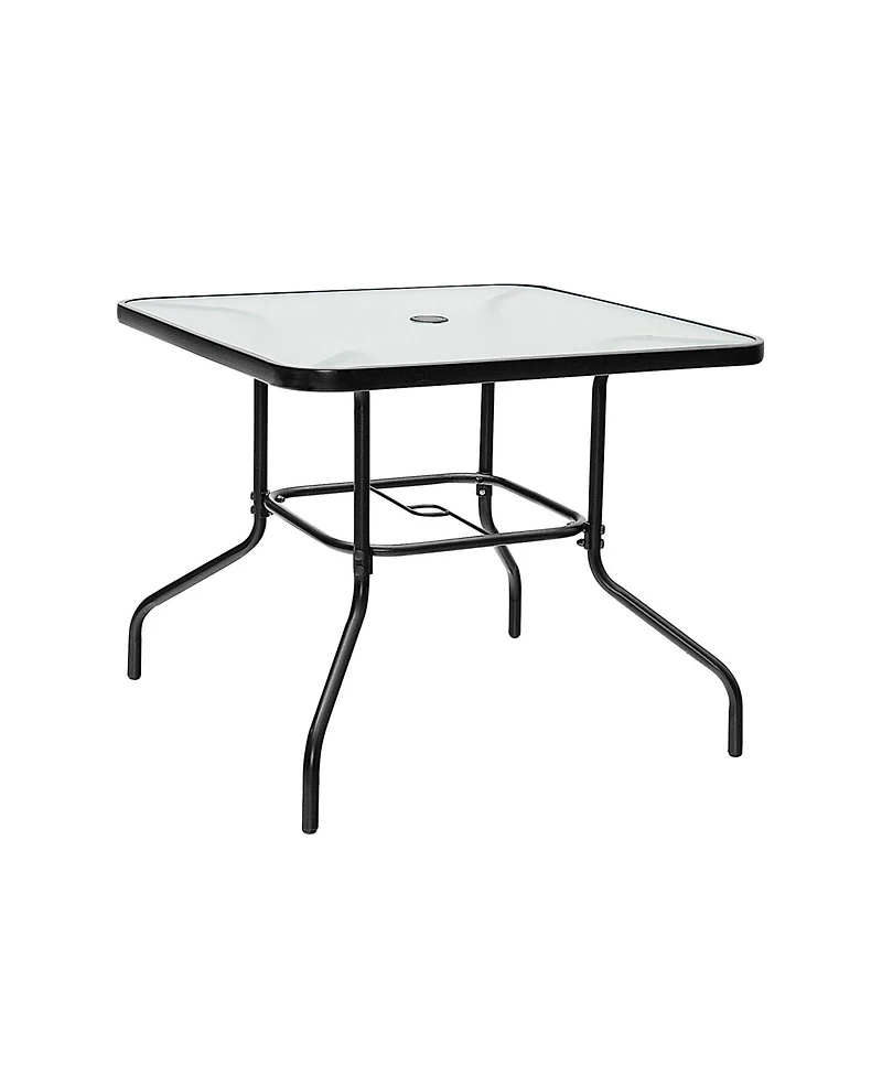 Sugift 35 Inch Patio Dining Square Tempered Glass Table with Umbrella Hole