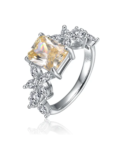 Sterling Silver Canary Yellow & White Cubic Zirconia Radiant Leaf Trellis Cluster Statement Ring