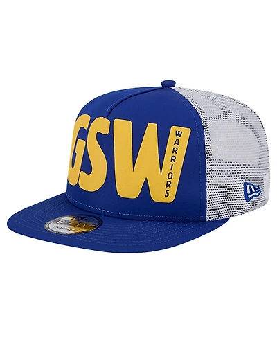 New Era Men's Royal Golden State Warriors Puff Print Team Code A-Frame 9FIFTY Trucker Snapback Hat