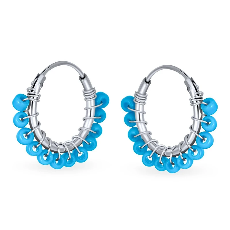 Bling Jewelry Petite Boho Bohemian Blue Gemstone Synthetic Turquoise Beaded Mimi Huggie Endless Hoop Earrings Western Jewelry For Women .925 Sterling
