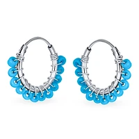 Bling Jewelry Petite Boho Bohemian Blue Gemstone Synthetic Turquoise Beaded Mimi Huggie Endless Hoop Earrings Western Jewelry For Women .925 Sterling