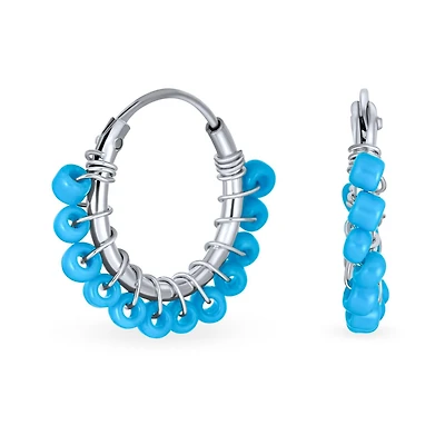 Bling Jewelry Petite Boho Bohemian Blue Gemstone Synthetic Turquoise Beaded Mimi Huggie Endless Hoop Earrings Western Jewelry For Women .925 Sterling