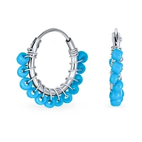 Bling Jewelry Petite Boho Bohemian Blue Gemstone Synthetic Turquoise Beaded Mimi Huggie Endless Hoop Earrings Western Jewelry For Women .925 Sterling