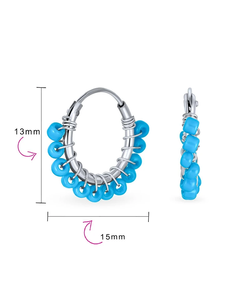Bling Jewelry Petite Boho Bohemian Blue Gemstone Synthetic Turquoise Beaded Mimi Huggie Endless Hoop Earrings Western Jewelry For Women .925 Sterling