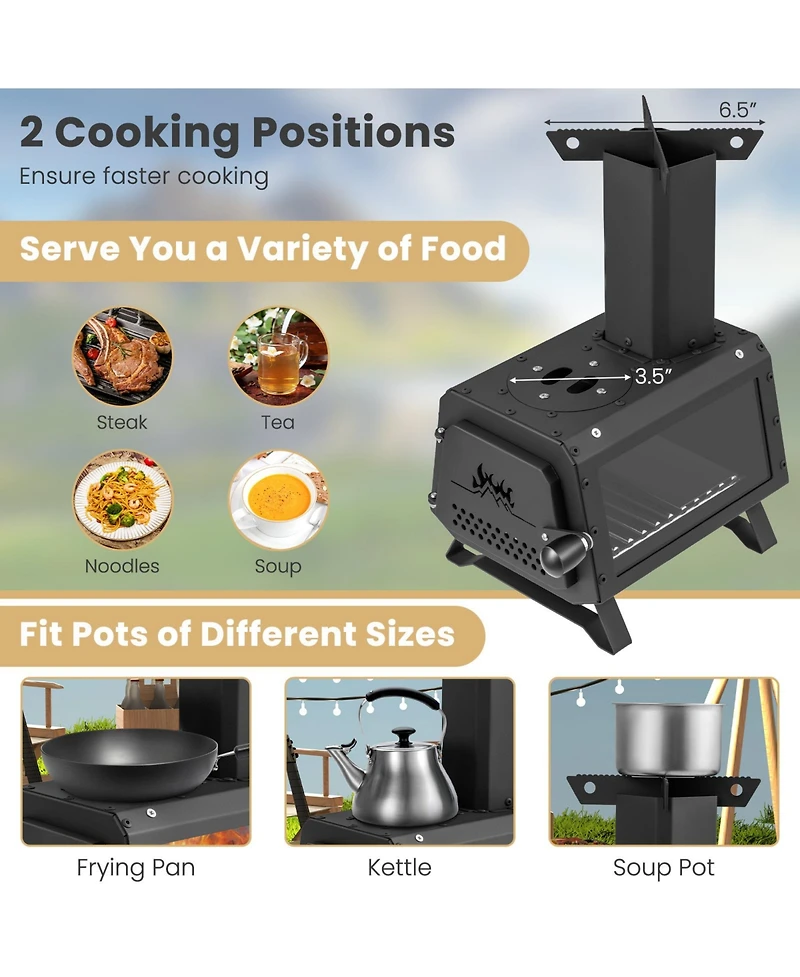 Skonyon Portable Wood Camping Burning Stove Heater with 2 Cooking Positions