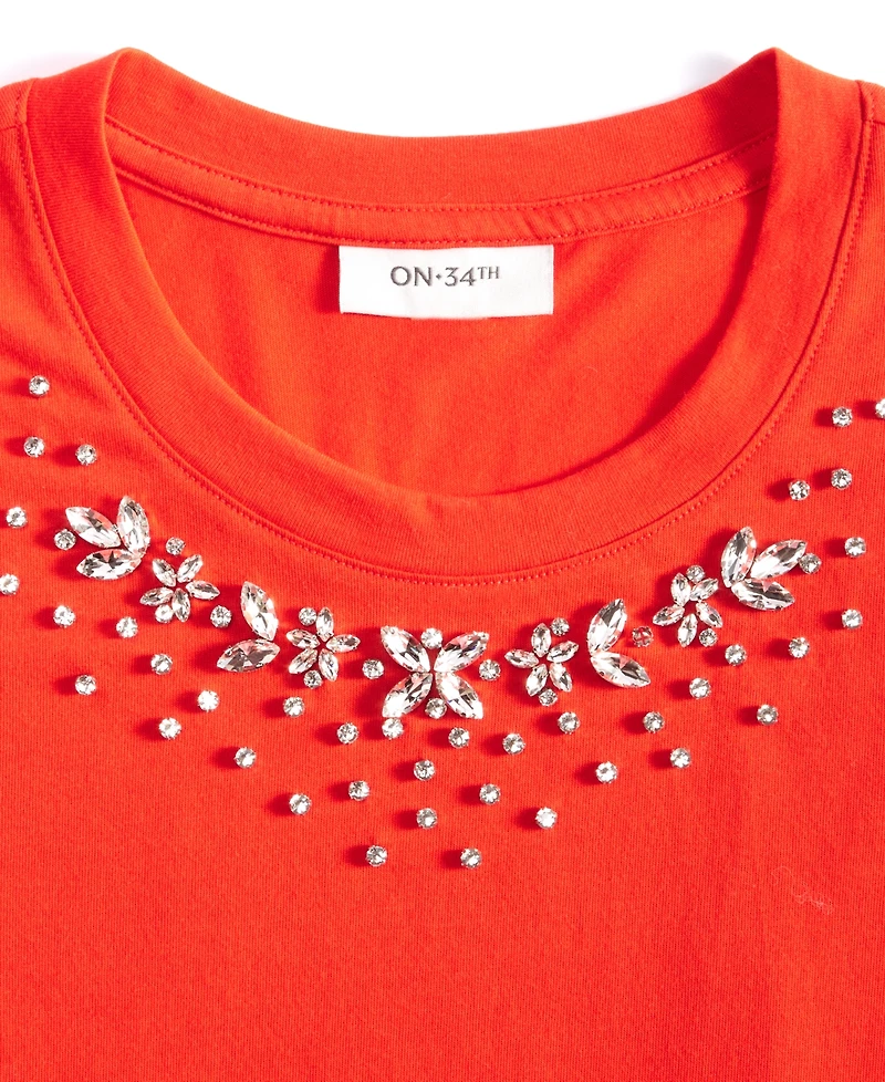 On 34th Women's Embellished-Neck T-Shirt, Created for Macy's