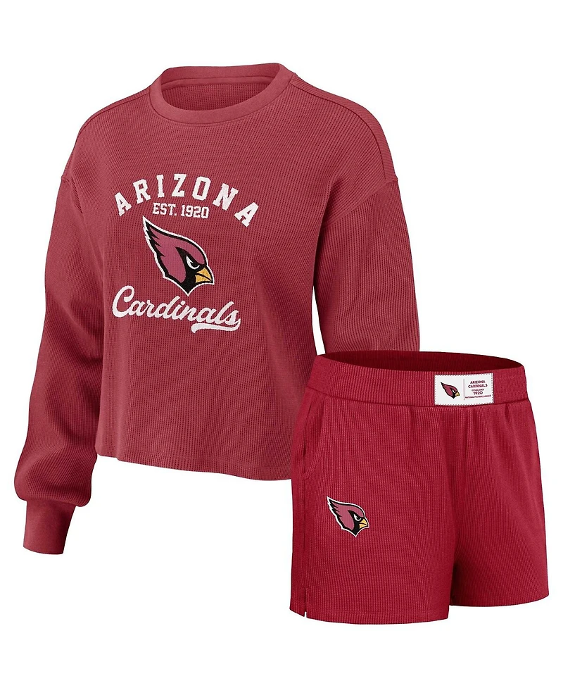 Wear by Erin Andrews Women's Cardinal Arizona Cardinals Waffle Knit Long Sleeve T-Shirt Shorts Lounge Set