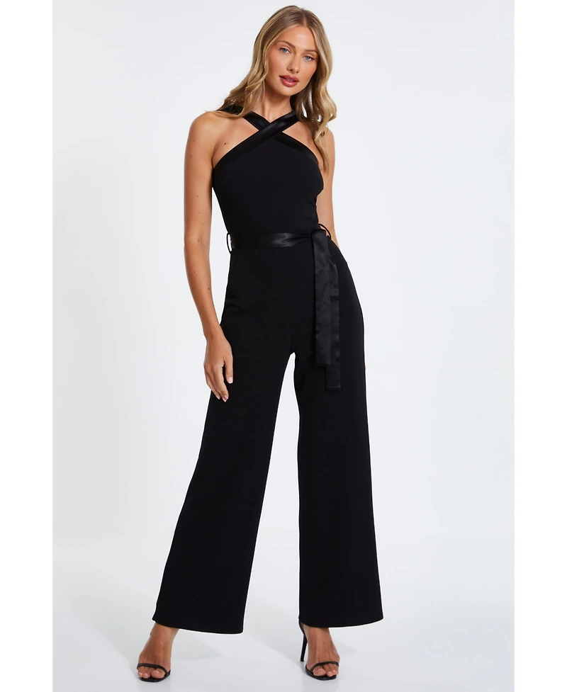 Quiz Women's Scuba Crepe Halter Jumpsuit with Satin Trim