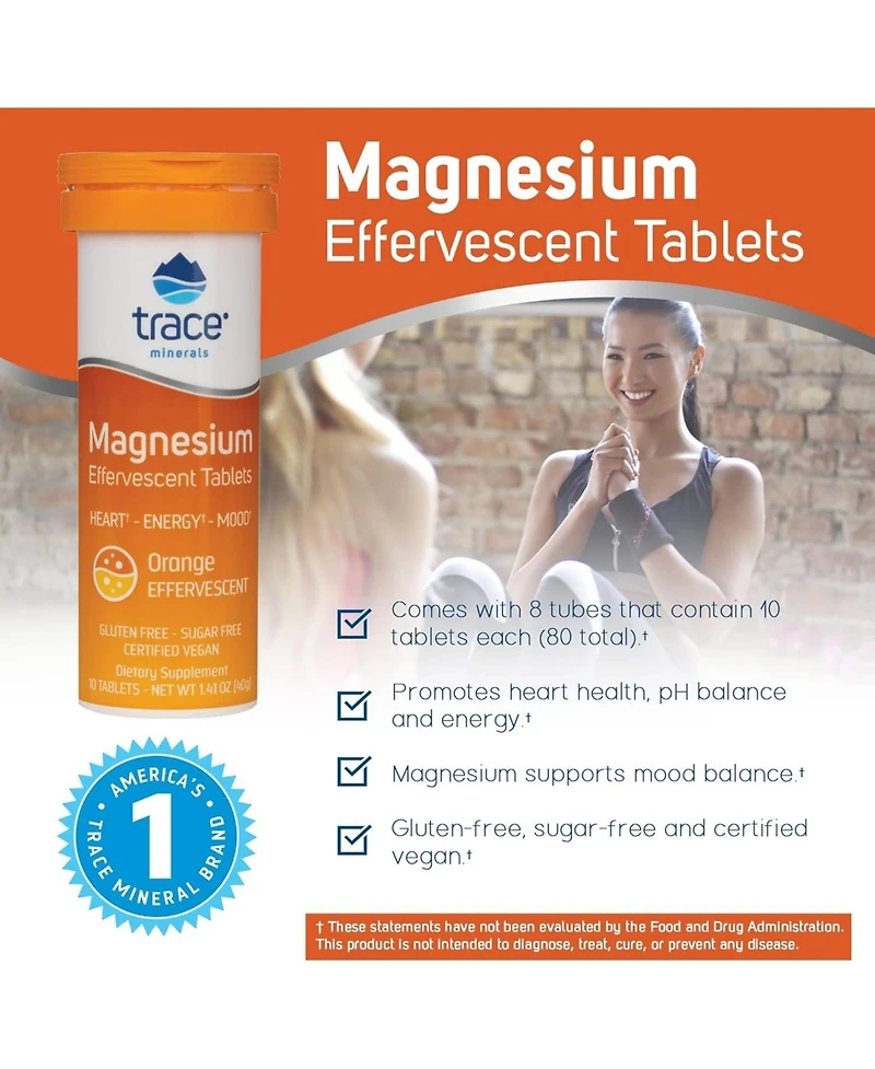 Trace Minerals | Magnesium Effervescent Tablets| No Allergies | Non-gmo, Gluten Free, Sugar-Free, Third Party Tested | Orange | 8 Tubes Contain 10 Tab
