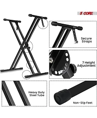 5 Core Keyboard Stand Double X Style Adjustable Piano Riser + Keyboard Piano Bench - Black