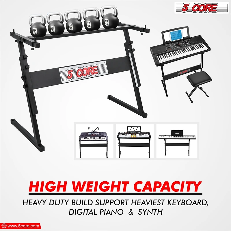 5 Core Keyboard Stand Adjustable z Style Piano Riser + Keyboard Piano Bench - Black