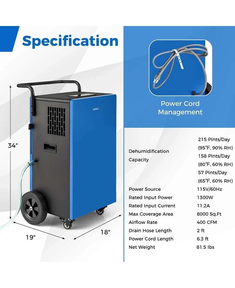 215 Pints Commercial Dehumidifier with Drain Hose 24H Timer Portable Handle