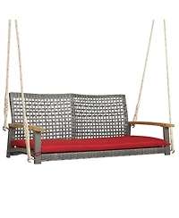 2-Person Patio Wicker Hanging Swing Chair Loveseat Cushion Porch Red