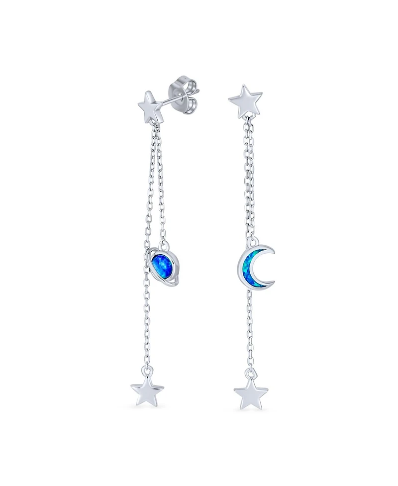 Bling Jewelry Elegant Celestial Crescent Moon Stars Long Chain Dangle Earrings Blue Synthetic Opal Inlay 925 Sterling Silver