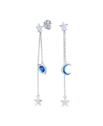 Bling Jewelry Elegant Celestial Crescent Moon Stars Long Chain Dangle Earrings Blue Synthetic Opal Inlay 925 Sterling Silver