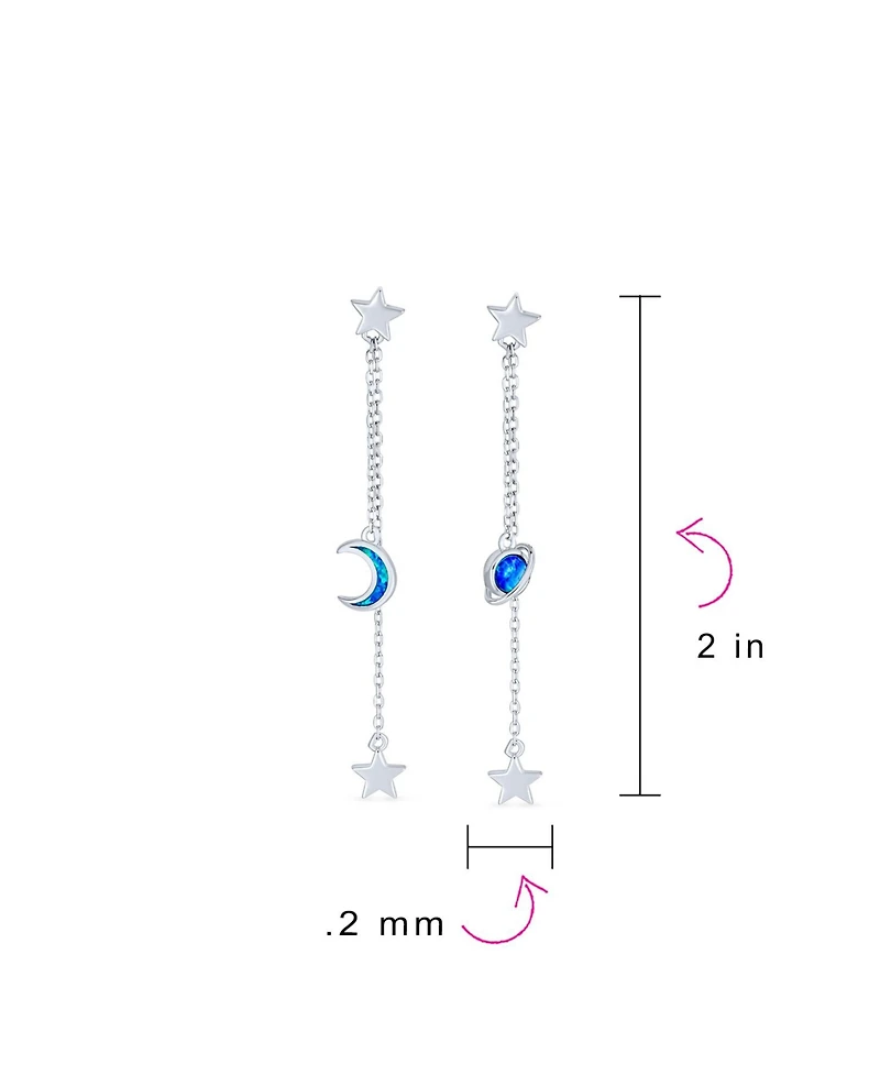 Bling Jewelry Elegant Celestial Crescent Moon Stars Long Chain Dangle Earrings Blue Synthetic Opal Inlay 925 Sterling Silver