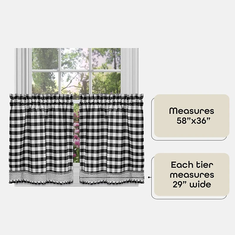 Kate Aurora 2 Piece Country Farmhouse Buffalo Plaid Rod Pocket Cafe Tier Curtain Panels With Macrame Border