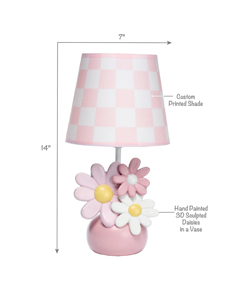 Lambs & Ivy Daisy Dreams Hand-Painted Pink Floral Lamp w/ Shade and Led Bulb