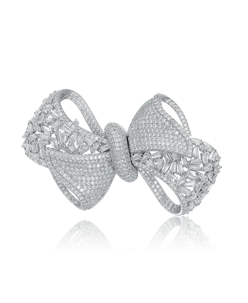 White Gold Plated Cubic Zirconia Ribbon Bow-Tie Brooch/Pin