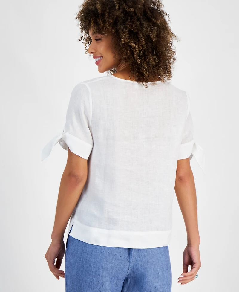 Charter Club Women's 100% Linen Split-Neck Tie-Cuff Top, Created for Macy's
