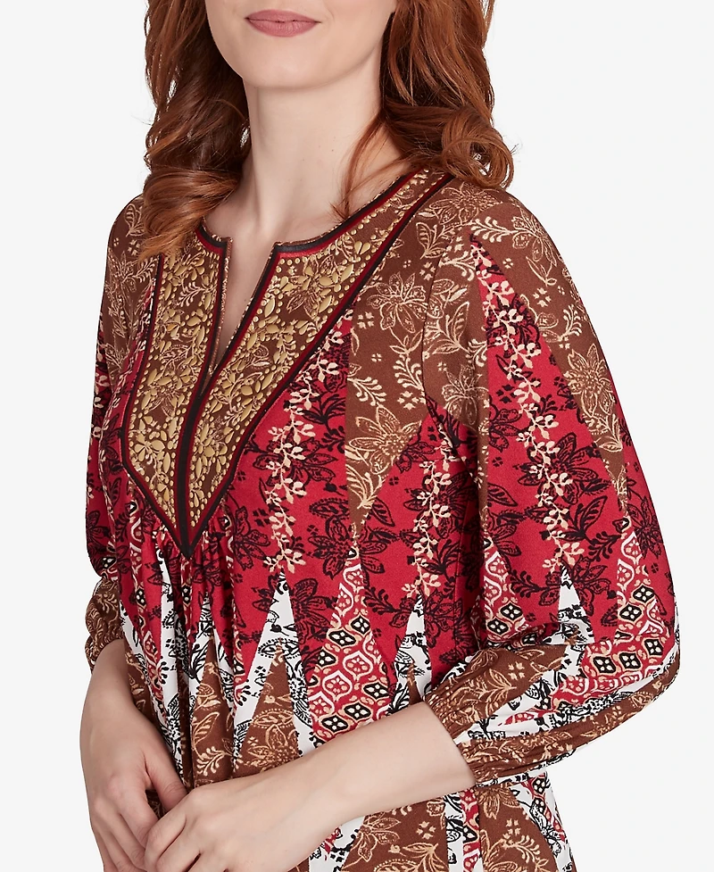 Ruby Rd. Petite Embellished Placket Decorative Border Print Knit Top with Three Quarter Balloon Sleeves