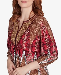Ruby Rd. Petite Embellished Placket Decorative Border Print Knit Top with Three Quarter Balloon Sleeves