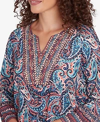 Ruby Rd. Petite Embellished Placket Paisley Print Slub Jersey Top
