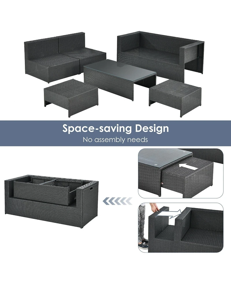 6 Pieces Patio Rattan Furniture Set with Glass Table and Cushioned Seat