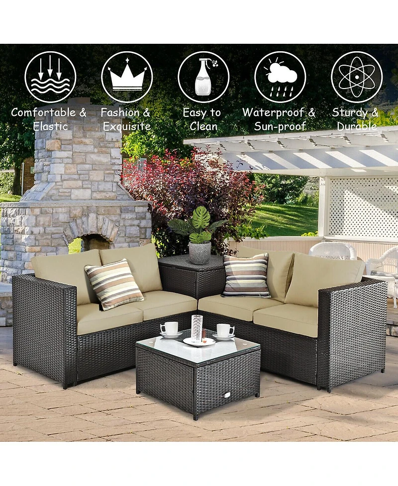 Sugift 4 Pieces Outdoor Patio Rattan Furniture Set with Loveseat and Storage Box
