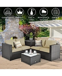 Sugift 4 Pieces Outdoor Patio Rattan Furniture Set with Loveseat and Storage Box