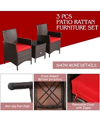 3 Pieces Patio Cushioned Rattan Conversation Set With Glass Table Top