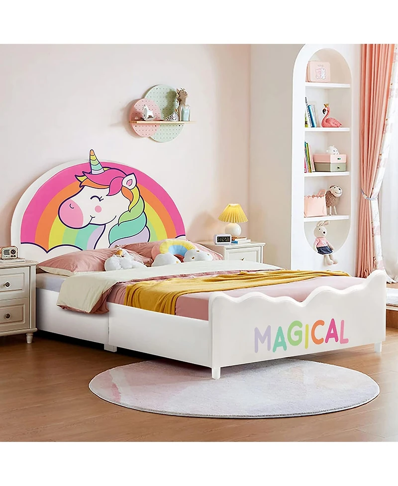 Kids Upholstered Platform Bed Children Twin Size Wooden Bed Unicorn Pattern