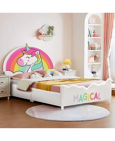Kids Upholstered Platform Bed Children Twin Size Wooden Bed Unicorn Pattern