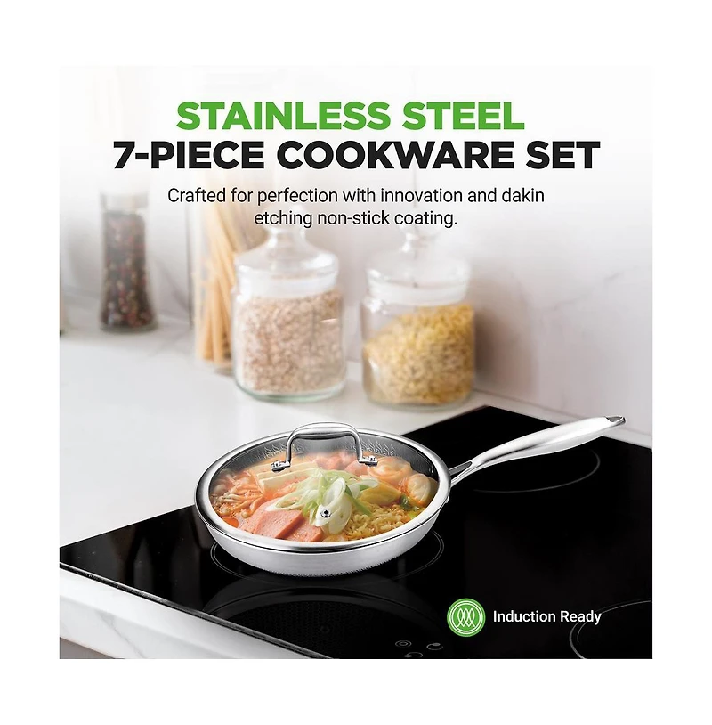 NutriChef Kitchenware Pots & Pans Set - Triply Stainless Steel Cookware, Dakin Etching Non-Stick Coating Inside and Outside (7-Piece Set)