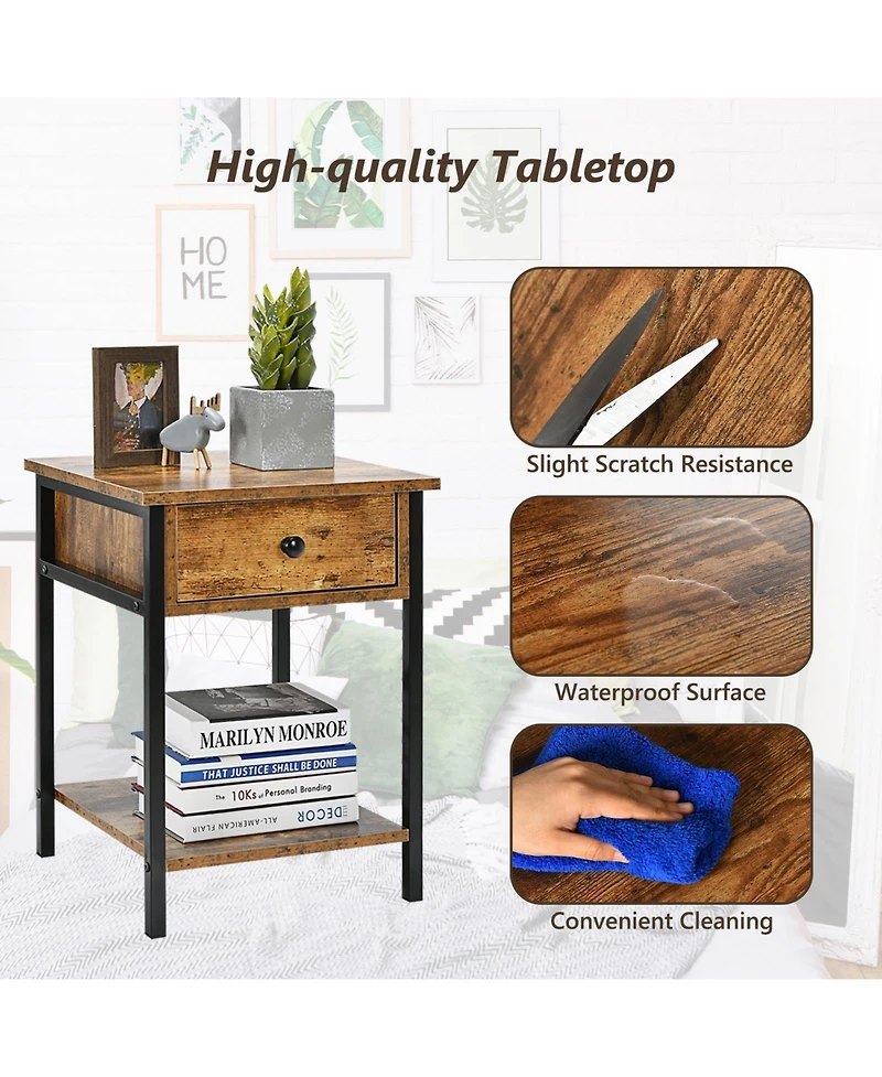 Industrial End Side Table Nightstand with Drawer Shelf-Rustic Brown