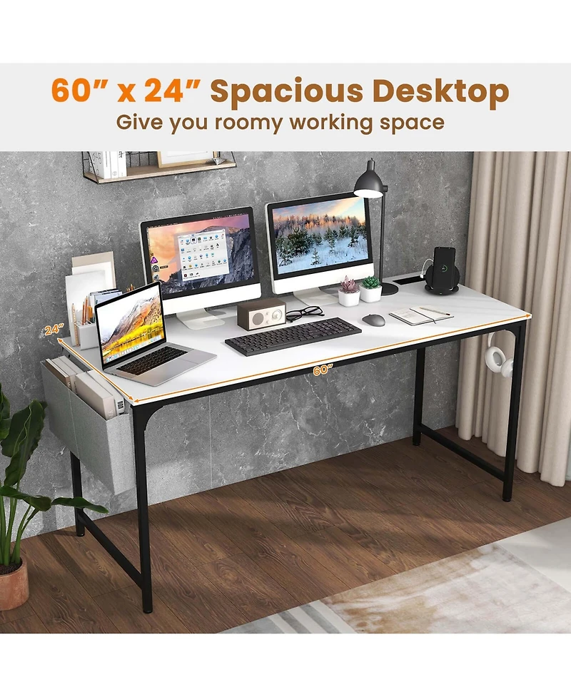 Set of 2 Meeting Room Desk with Charging Station & Headphone Hook Metal Frame