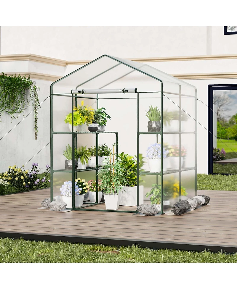 Portable Mini Greenhouse with 3 Tiers 8 Shelves Roll-up Zippered Door for Plants