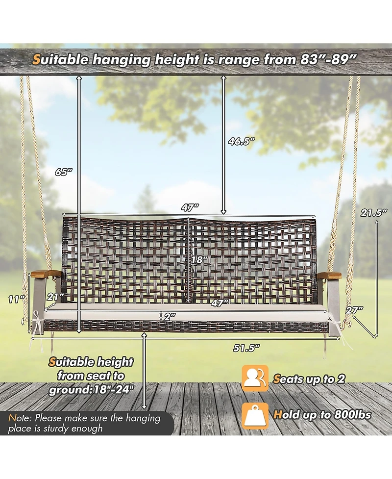2-Person Patio Rattan Hanging Swing Chair Porch Loveseat Cushion Off White