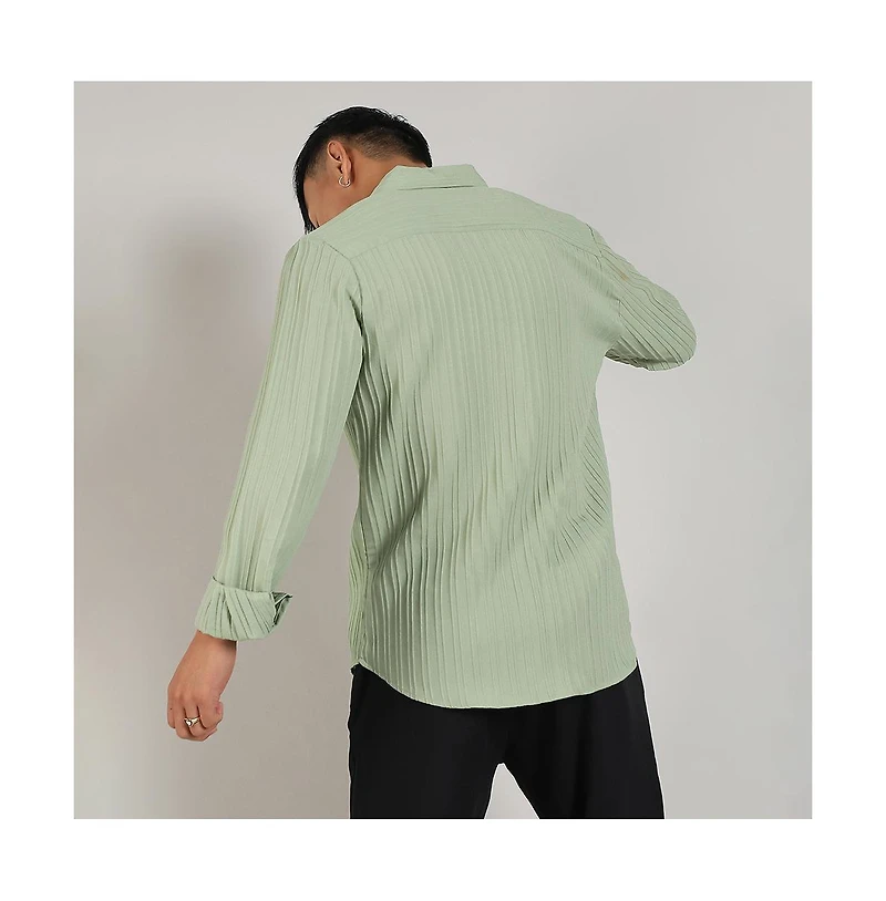 Men's Pistachio Green Self-Design Striped Shirt