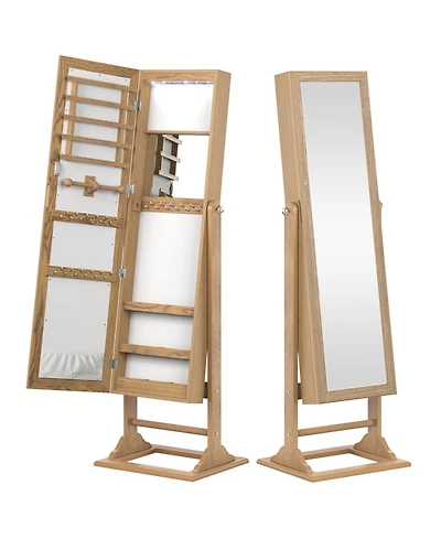 Freestanding Lockable Jewelry Armoire with Full-Length Mirror and 6 Led Lights-Natural