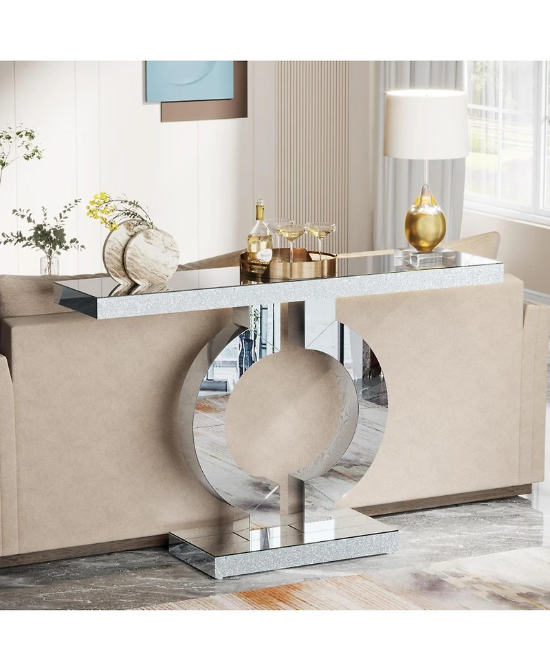 Tribesigns Mirrored Console Table with O-Shaped Base, 43-Inch Modern Entryway Table Glass Sofa Table with Mirror Finish, Rectangle Narrow Accent Foyer