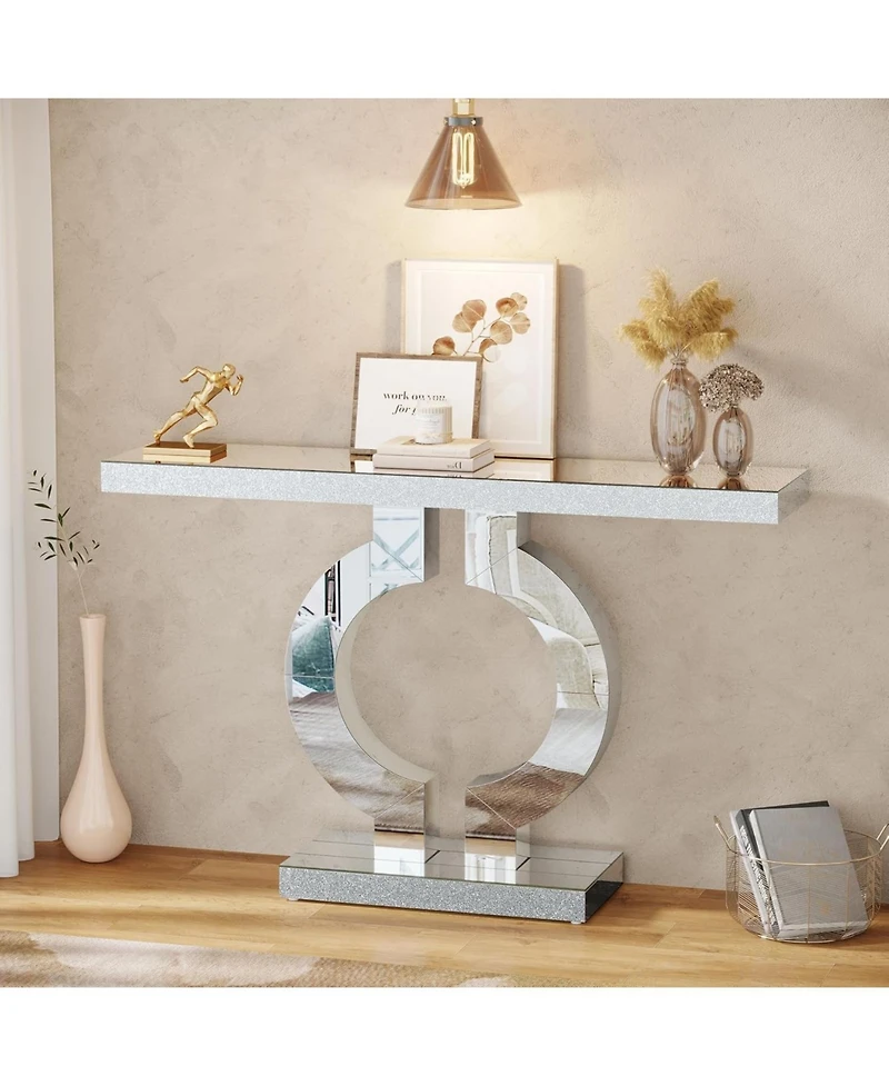 Tribesigns Mirrored Console Table with O-Shaped Base, 43-Inch Modern Entryway Table Glass Sofa Table with Mirror Finish, Rectangle Narrow Accent Foyer