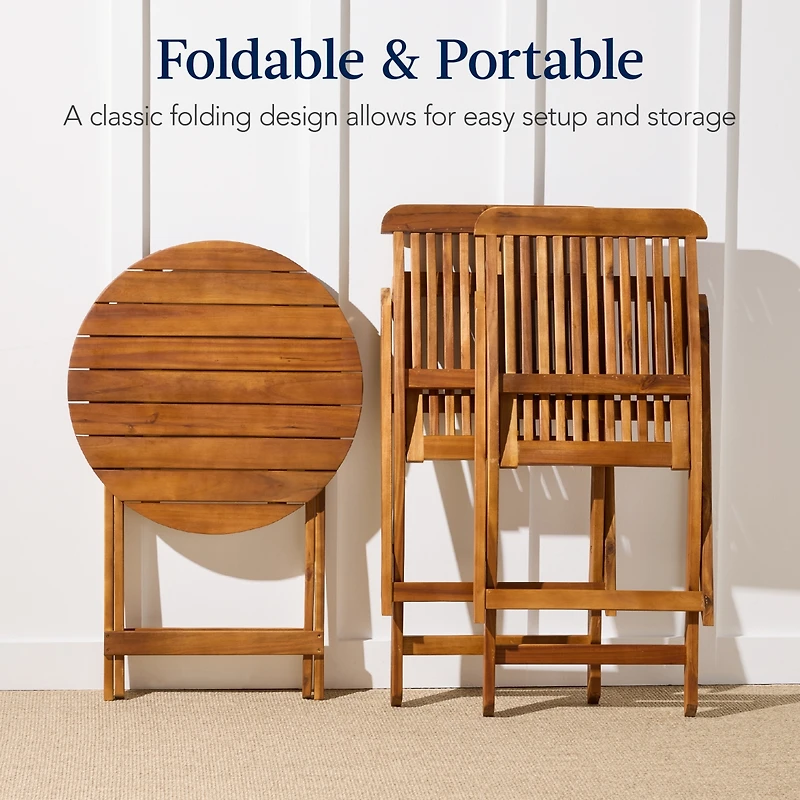 Best Choice Products 3-Piece Acacia Wood Bistro Set, Folding Patio Furniture w/ 2 Chairs, Table