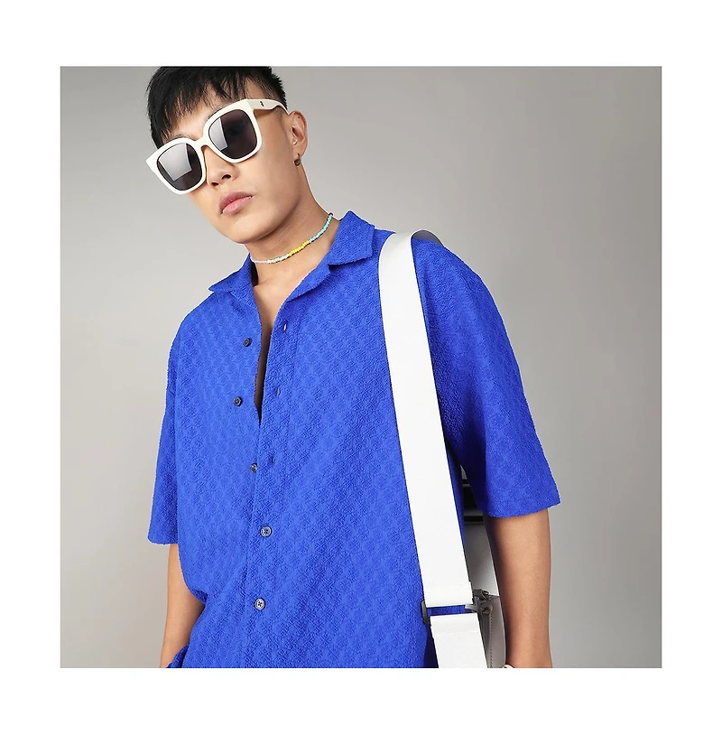 Men's Royal Blue Textured Geometric Oversized Shirt
