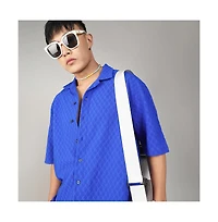 Men's Royal Blue Textured Geometric Oversized Shirt