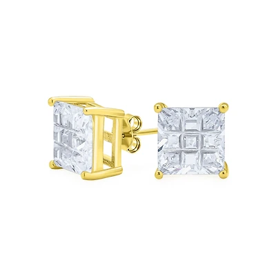 Bling Jewelry Square Cz Cubic Zirconia Invisible Cut Stud Earrings 14K Gold Plated .925 Sterling Silver