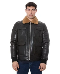 Furniq Uk Men's Shearling Bomber Jacket, Brown Crocodile Emboss with Ginger Wool