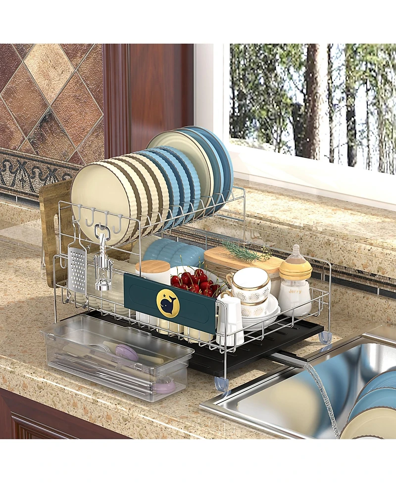 Skonyon 2-Tier Detachable Stainless Steel Dish Drying Rack with Cutlery Box and Cup Holder