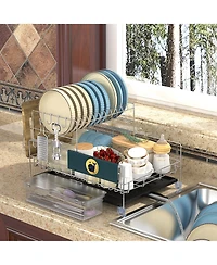 Skonyon 2-Tier Detachable Stainless Steel Dish Drying Rack with Cutlery Box and Cup Holder