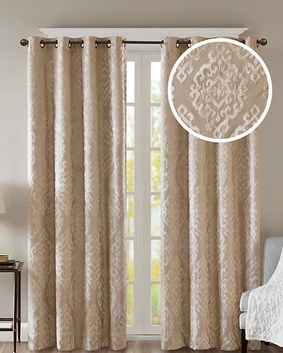 Mirage Knitted Jacquard Damask Total blackout curtains for bedroom, Silver grommet top fit up to 1.25 inches rod Single Curtain Panel for Living Room